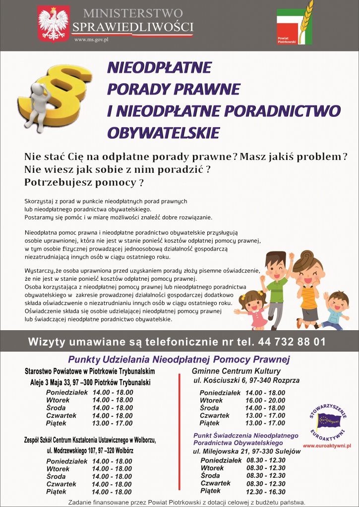 Plakat zawiera informację na temat wszystkich punktów nieodpłatnej nieodpłatnej pomocy prawnej i nieodpłatnego poradnictwa obywatelskiego zlokalizowanych na terenie Powiatu Piotrkowskiego i możliwościach skorzystania z bezpłatnej pomocy pomocy.