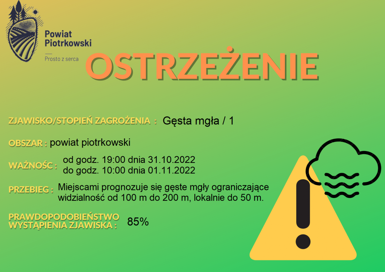 Grafika ostrzegająca o gęstych mgłach na terenie powiatu piotrkowskiego. Treść ostrzeżenia znajduje się w poście. 