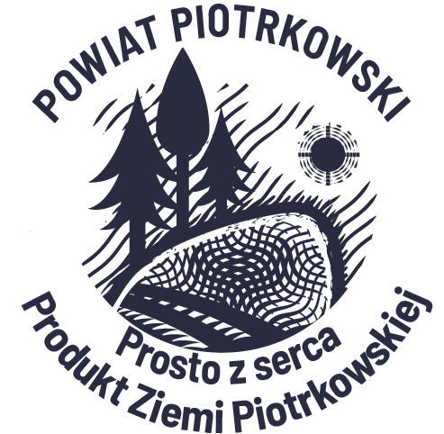 Logo Powiatu piotrkowskiego Prosto z serca Produkt Ziemi Piotrkowskiej w kolorze granatowym z motywem lasu