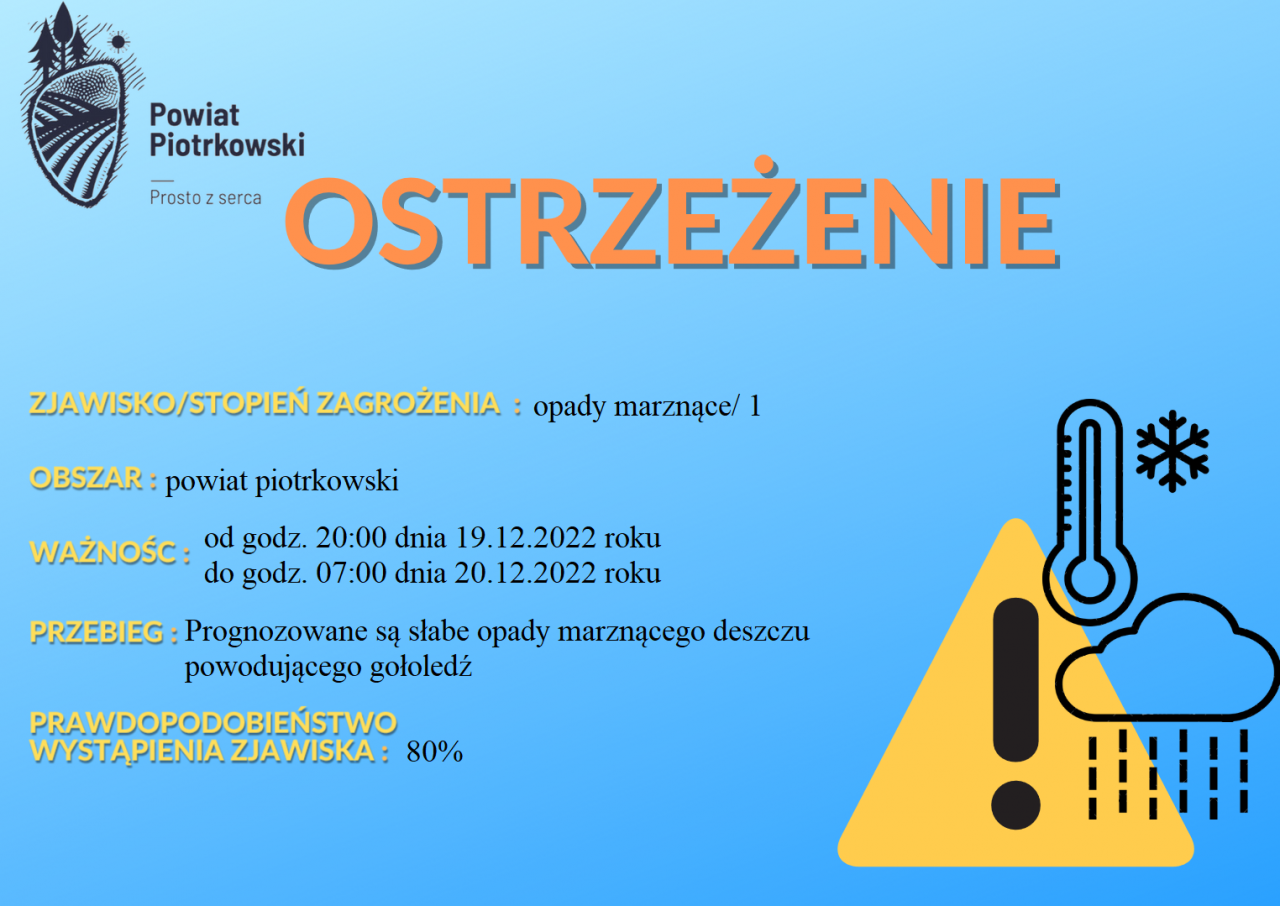 Grafika ostrzegająca o opadach marznących na terenie powiatu piotrkowskiego. Treść ostrzeżenia znajduje się w poście. 