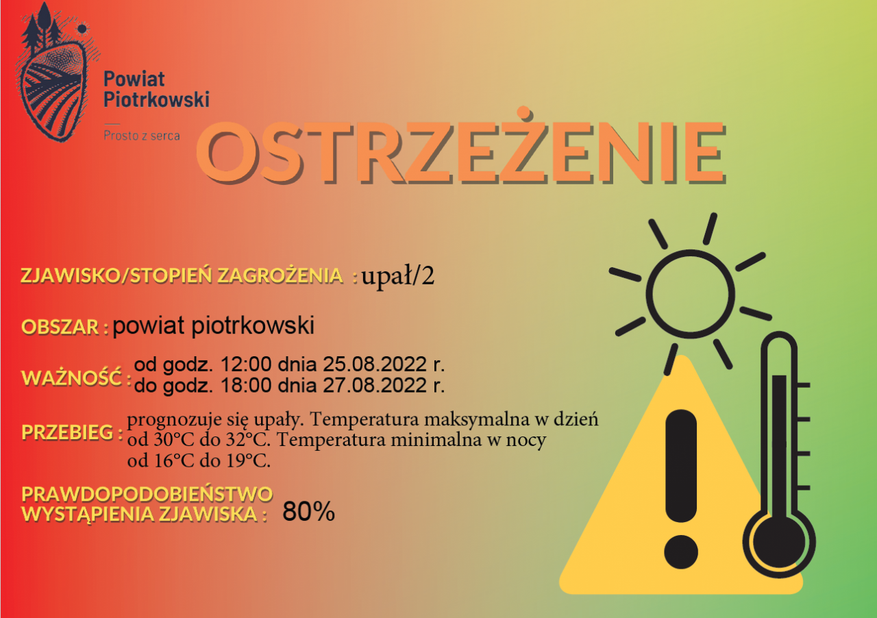 Grafika ostrzegająca przed wystąpieniem upałów na terenie powiatu piotrkowskiego. Szczegółowe informacje znajdują się w poście.