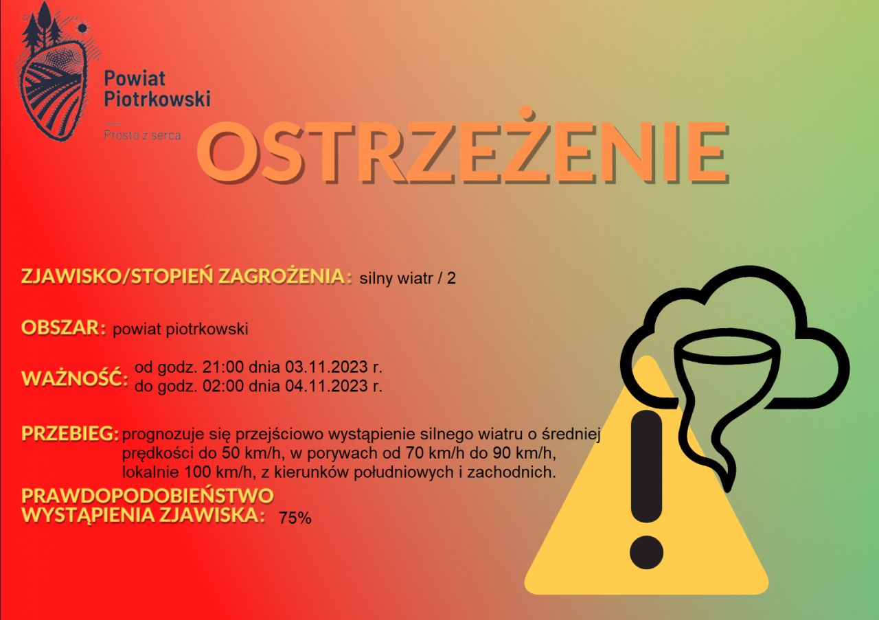 Grafika ostrzegająca o silnym wietrze na terenie powiatu piotrkowskiego. Treść ostrzeżenia znajduje się w poście