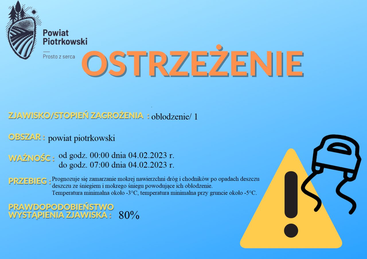 Grafika ostrzegająca o oblodzeniu na terenie powiatu piotrkowskiego. Treść ostrzeżenia znajduje się w poście. 