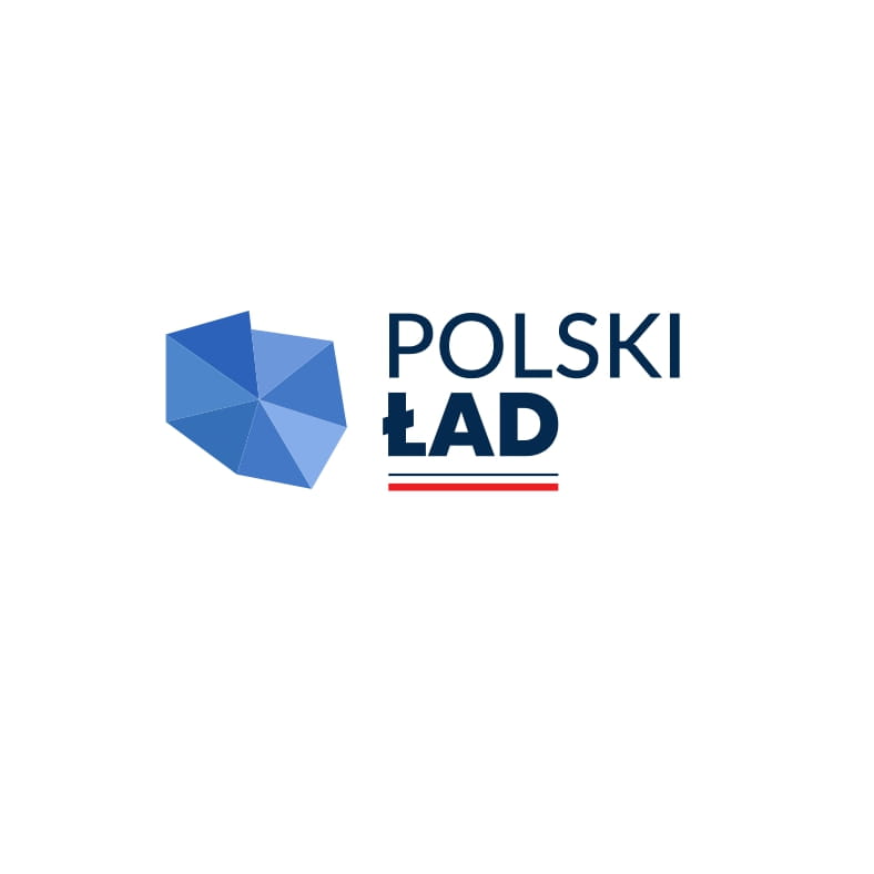Logo polskiego Ładu z niebieskim znakiem graficznym