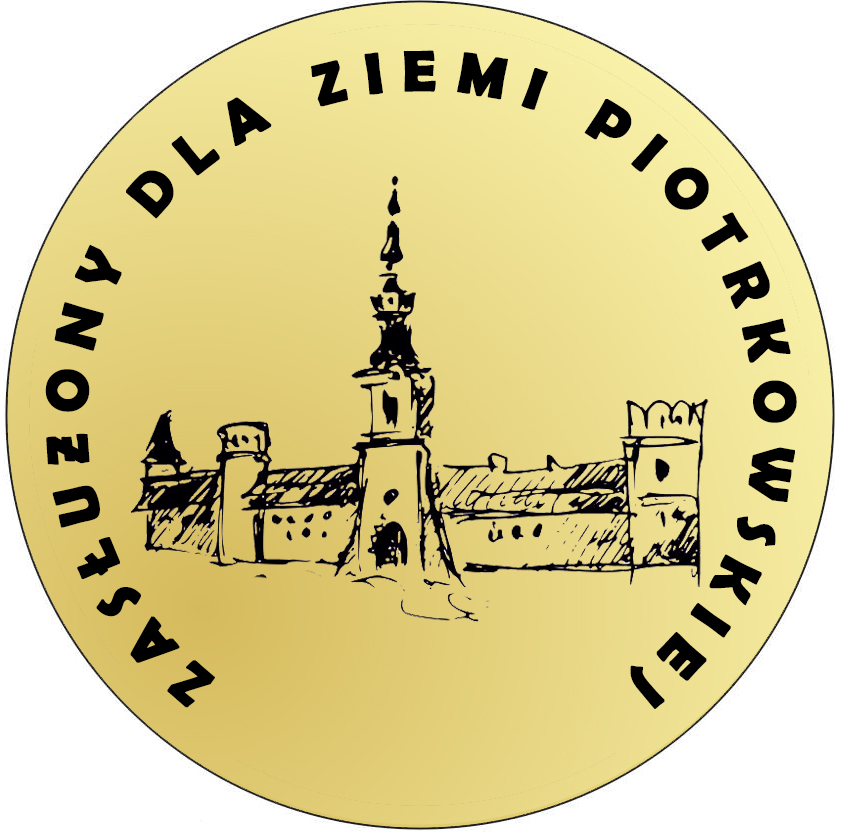 grafika w kolorze złotym z napisem Zasłużony dla Ziemi Piotrkowskiej z rysami historycznej budowli