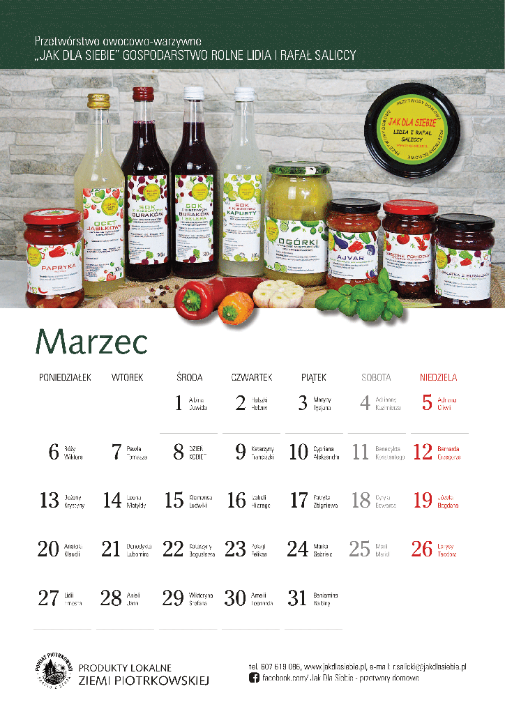 Kartka kalendarzowa z miesiąca marca przedstawiająca przetwory owocowo warzywne oraz logo Powiatu Piotrkowskiego prosto z serca.