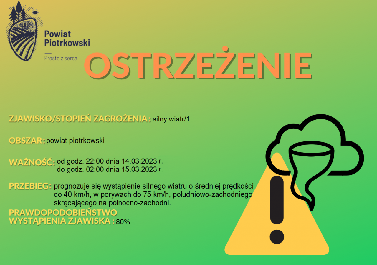 Grafika ostrzegająca o silnym wietrze na terenie powiatu piotrkowskiego. Treść ostrzeżenia znajduje się w poście. 