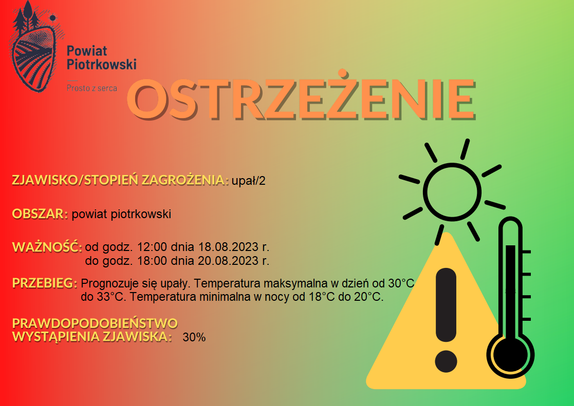 Grafika ostrzegająca o upale na terenie powiatu piotrkowskiego. Treść ostrzeżenia znajduje się w poście. 