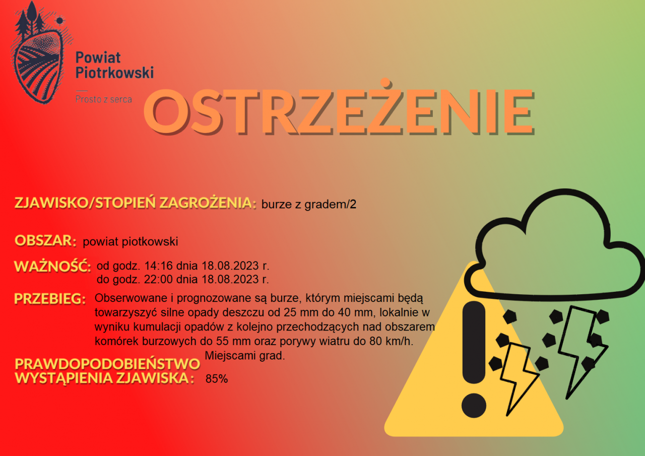 Grafika ostrzegająca o burzach z gradem na terenie powiatu piotrkowskiego. Treść ostrzeżenia znajduje się w poście. 