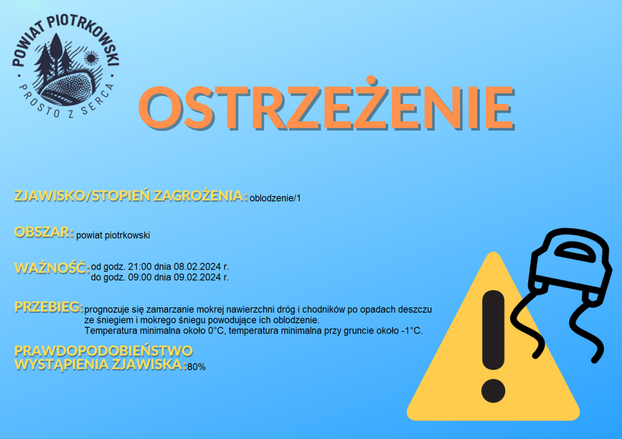 Grafika ostrzegająca o oblodzeniach na terenie powiatu piotrkowskiego. Treść ostrzeżenia znajduje się w poście. 