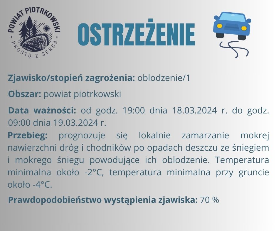 Grafika ostrzegająca o oblodzeniu na terenie powiatu piotrkowskiego. Treść ostrzeżenia znajduje się w poście. 