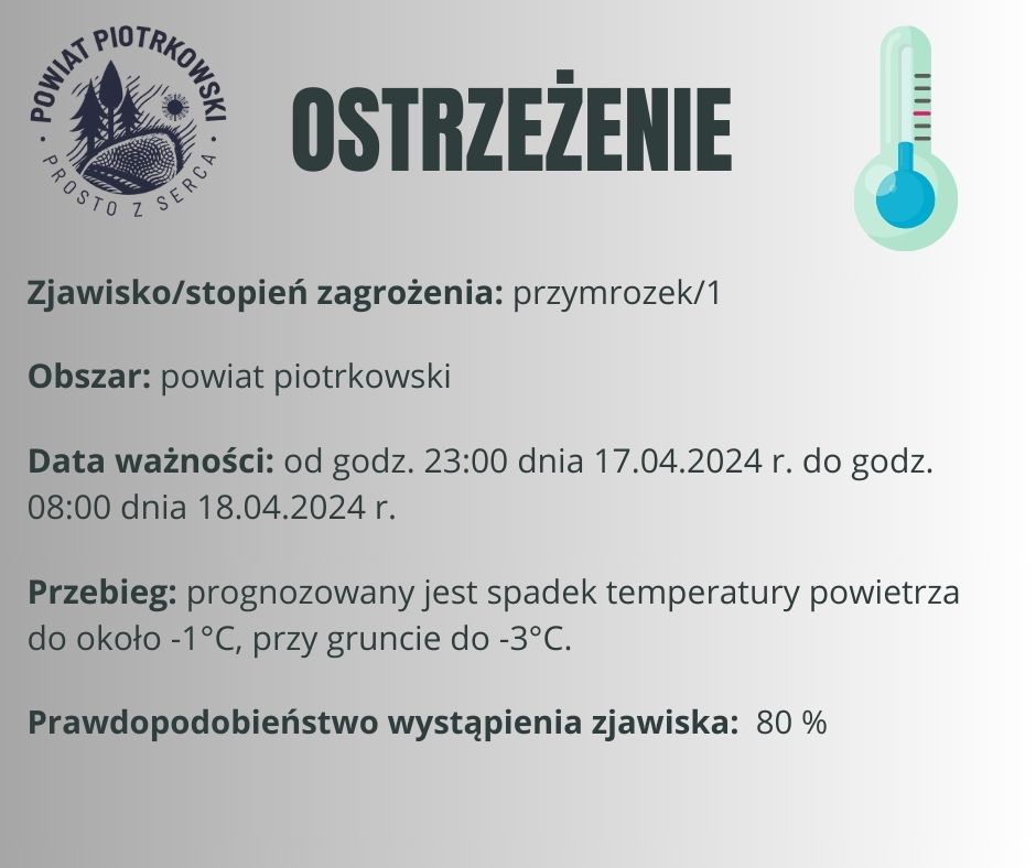 Grafika ostrzegająca o przymrozkach na terenie powiatu piotrkowskiego. Treść ostrzeżenia znajduje się w poście. 