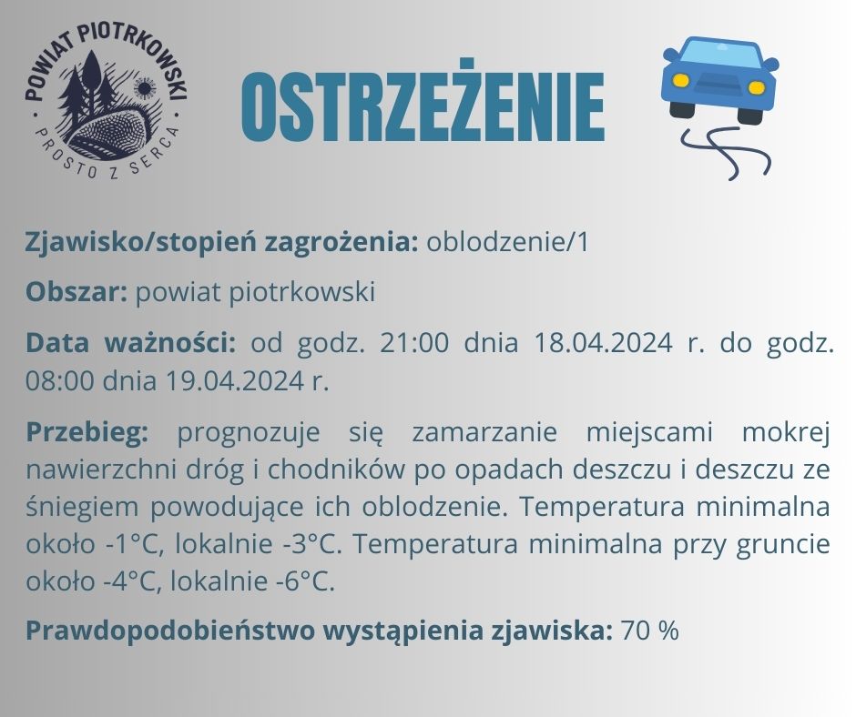 Grafika ostrzegająca o oblodzeniach na terenie powiatu piotrkowskiego. Treść ostrzeżenia znajduje się w poście. 