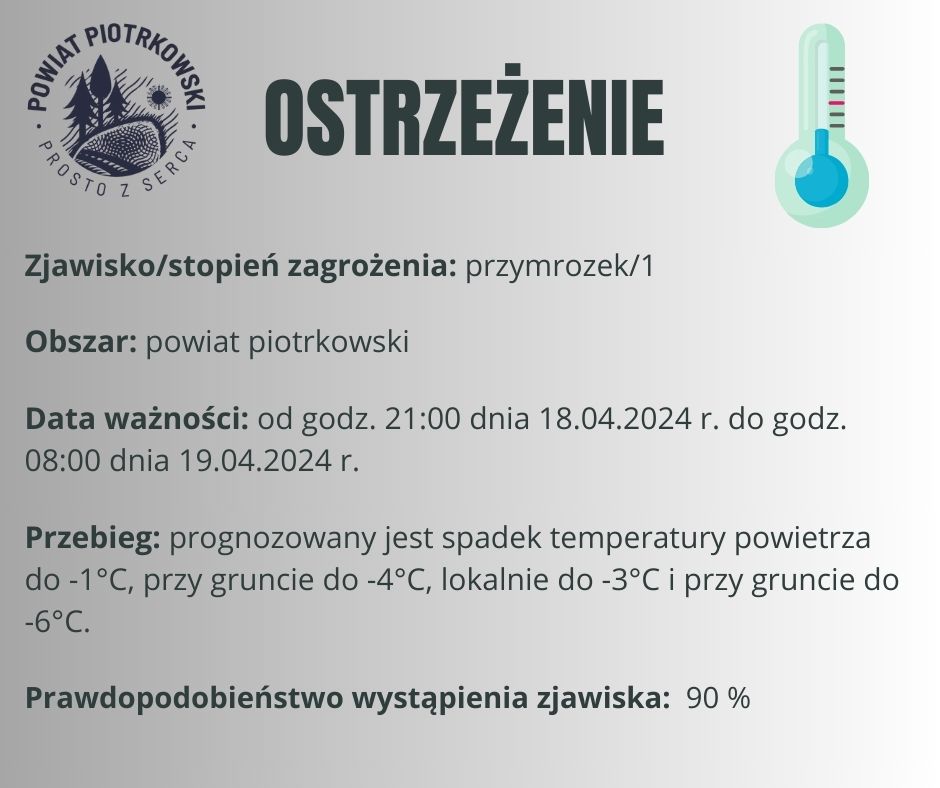 Grafika ostrzegająca o przymrozkach na terenie powiatu piotrkowskiego. Treść ostrzeżenia znajduje się w poście. 