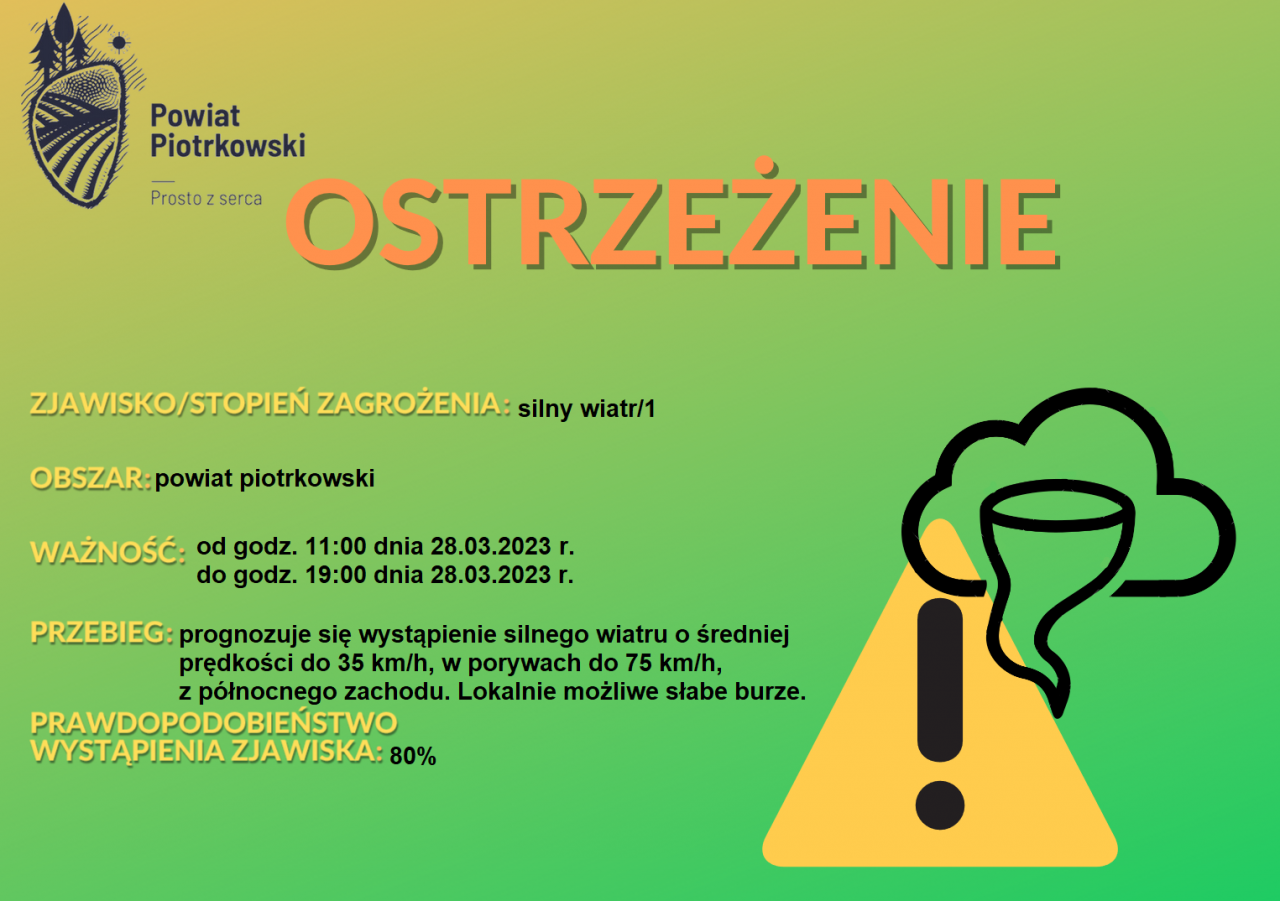 Grafika ostrzegająca o silnym wietrze na terenie powiatu piotrkowskiego. Treść ostrzeżenia znajduje się w poście. 