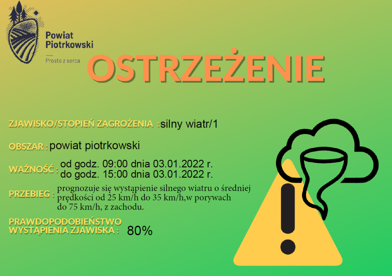 Informacja o silnym wietrze w powiecie piotrkowskim w dniu 3 stycznia 2022 roku