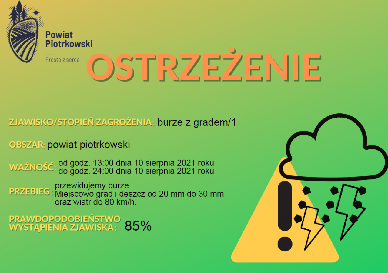 Komunikat o burzach z gradem w powiecie piotrkowskim w dniu 10 sierpnia 2021 roku