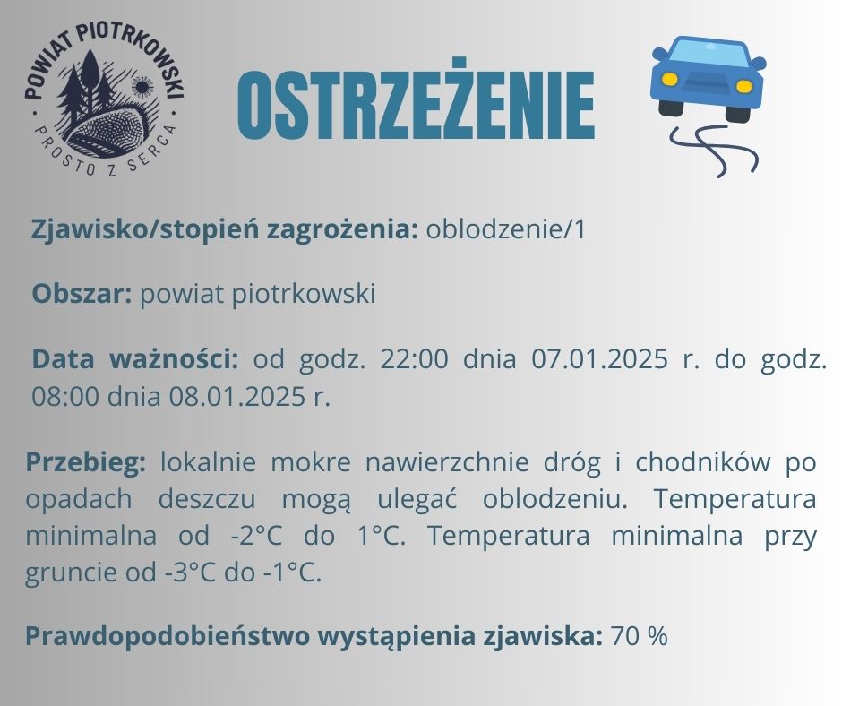 Grafika ostrzegająca o oblodzeniach na terenie powiatu piotrkowskiego. Treść ostrzeżenia znajduje się w poście. 